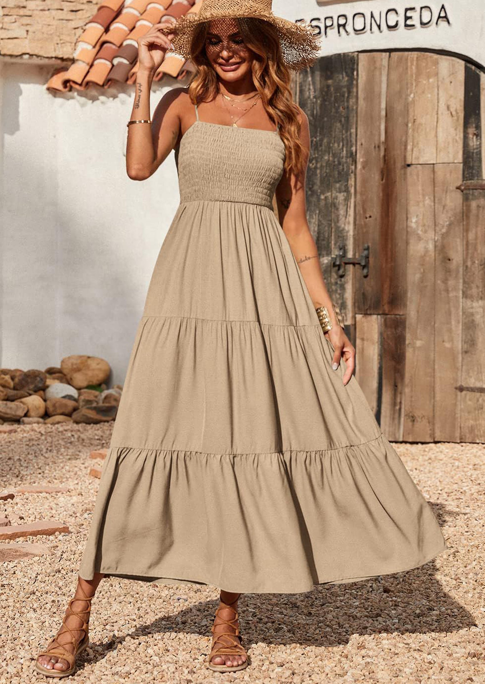 PRETTYGARDEN Women's Summer Maxi Dress Casual Boho Sleeveless Spaghetti Strap Smocked Tiered Long Beach Sundresses PRETTYGARDEN