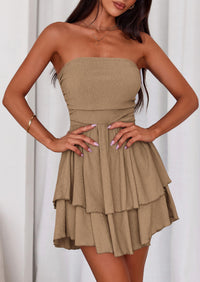 PRETTYGARDEN Women's Summer Strapless Tube Mini Dress Off Shoulder Smocked Ruffle A Line Flowy Short Party Club Dresses