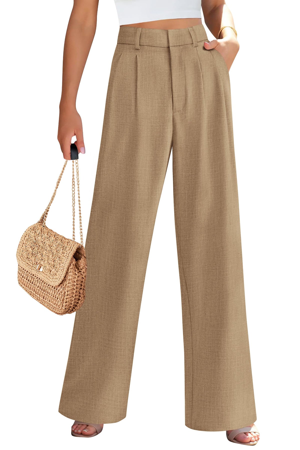 Elastic High Waisted Straight Leg Business Trousers Slacks With Pockets