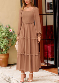 PRETTYGARDEN Women Fall Long Sleeve Smocked Maxi Dress Casual Square Neck Swiss Dot Tiered Ruffle Flowy Spring Pocket Dresses