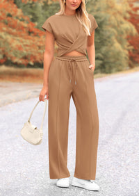 Twist Front Crop T-Shirts Wide Leg Pants Two Piece Sets