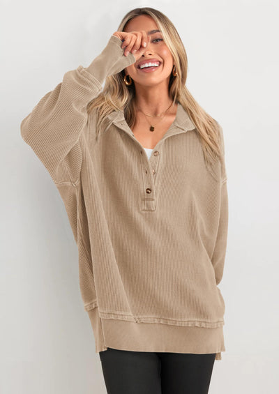 PRETTYGARDEN Womens Fashion Oversized Long Sleeve Hoodie Button Down V Neck Sweatshirt Side Slit Casual Pullover Tops