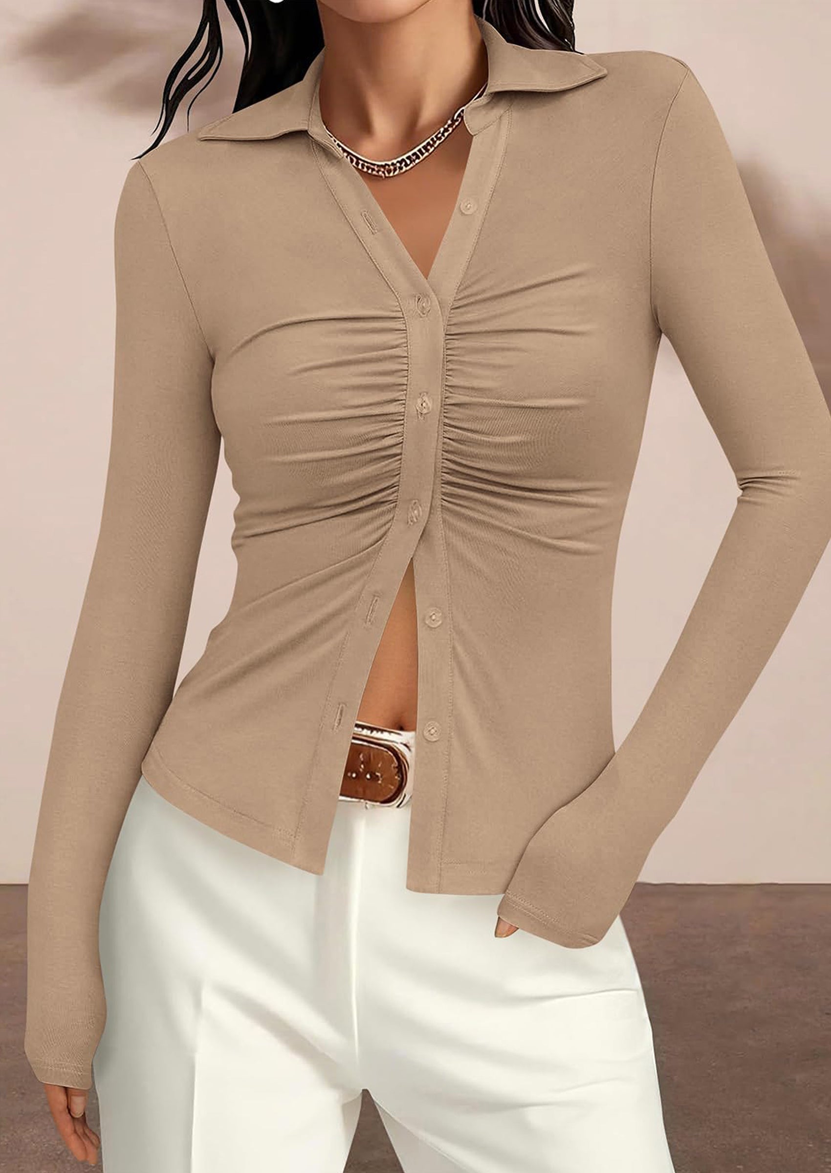 PRETTYGARDEN Womens Button Down Shirts V Neck Collared Ruched Slim Fit Long Sleeve Shirt Casual Fall Fashion Ladies Tops PRETTYGARDEN