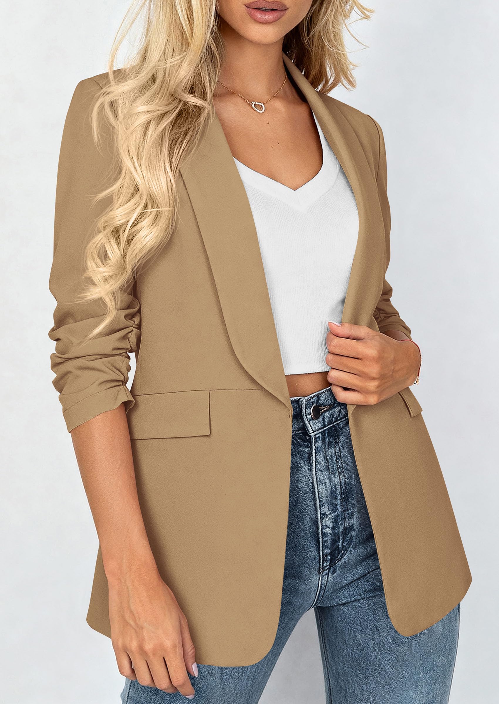 PRETTYGARDEN Women's Spring Blazers Business Casual Outfits Open Front Ruched 3/4 Sleeve Lightweight Work Suits Jackets PRETTYGARDEN
