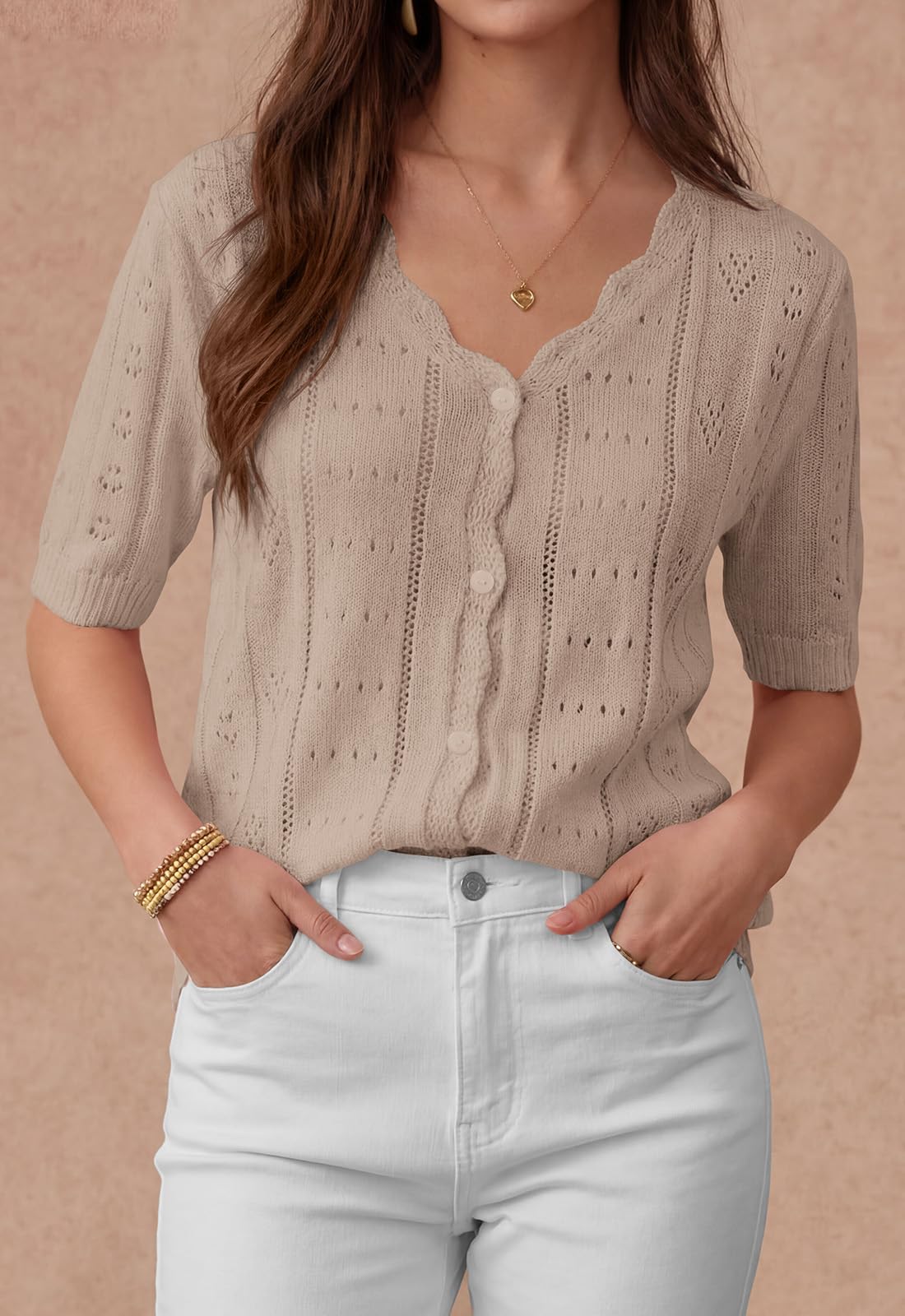 PRETTYGARDEN Womens Short Sleeve Crochet Knit Sweater Spring Fashion Button Down Lightweight Cardigans Summer Tops PRETTYGARDEN