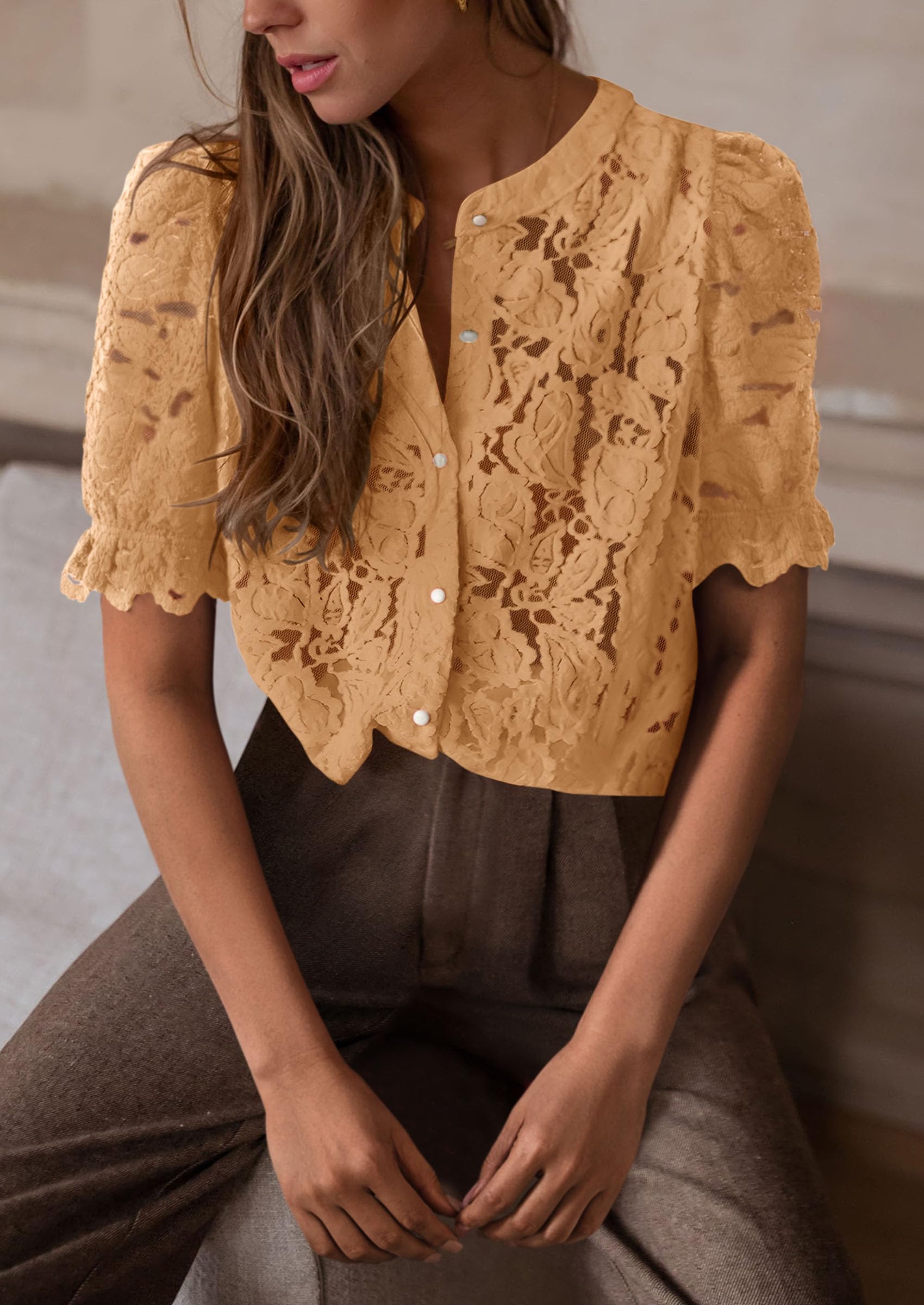 PRETTYGARDEN Womens Spring Lace Tops Short Puff Sleeve Casual Dressy Blouses Eyelet Crew Neck Button Down Shirts