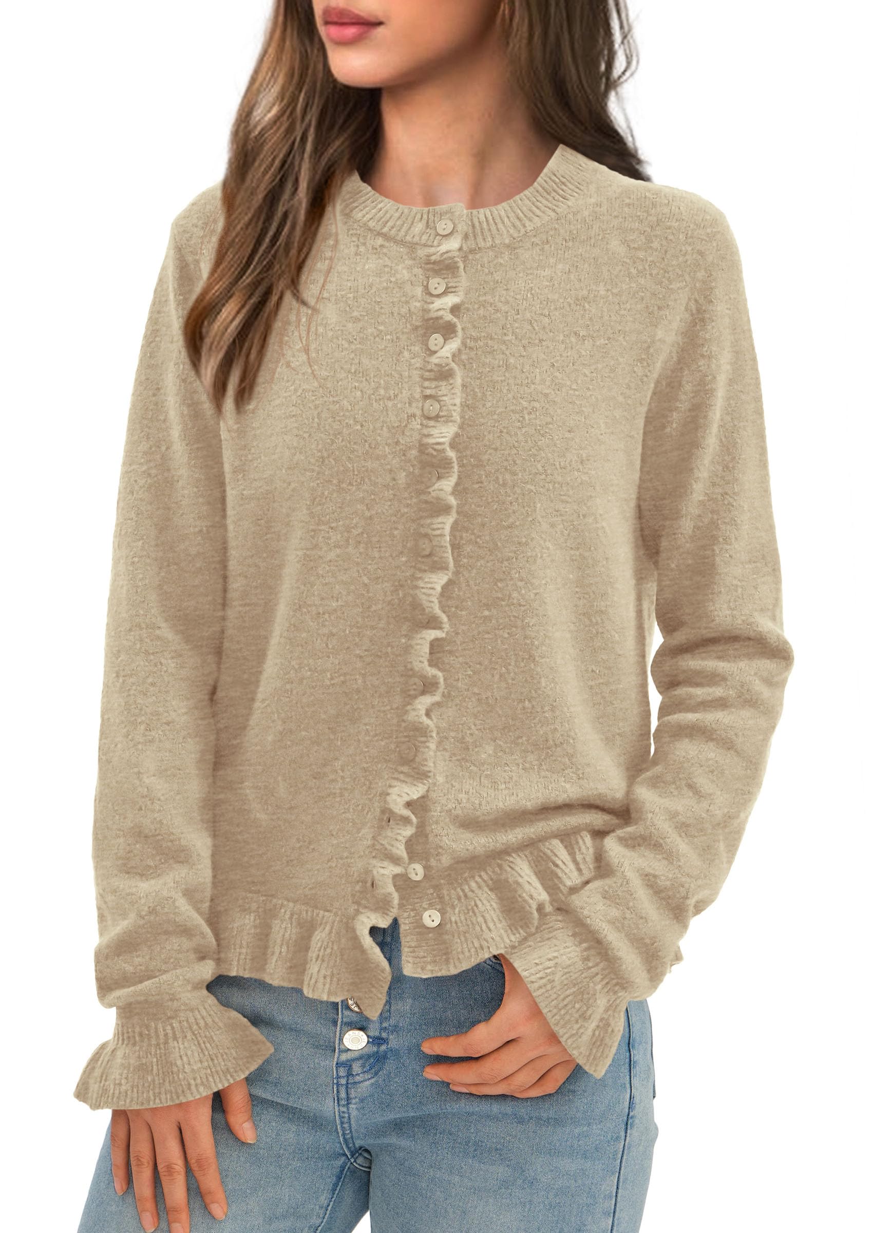 PRETTYGARDEN Womens Fall Button Down Cardigans Chunky Knit Ruffle Open Front Cropped Cardigan Sweaters Soft Long Sleeve Tops