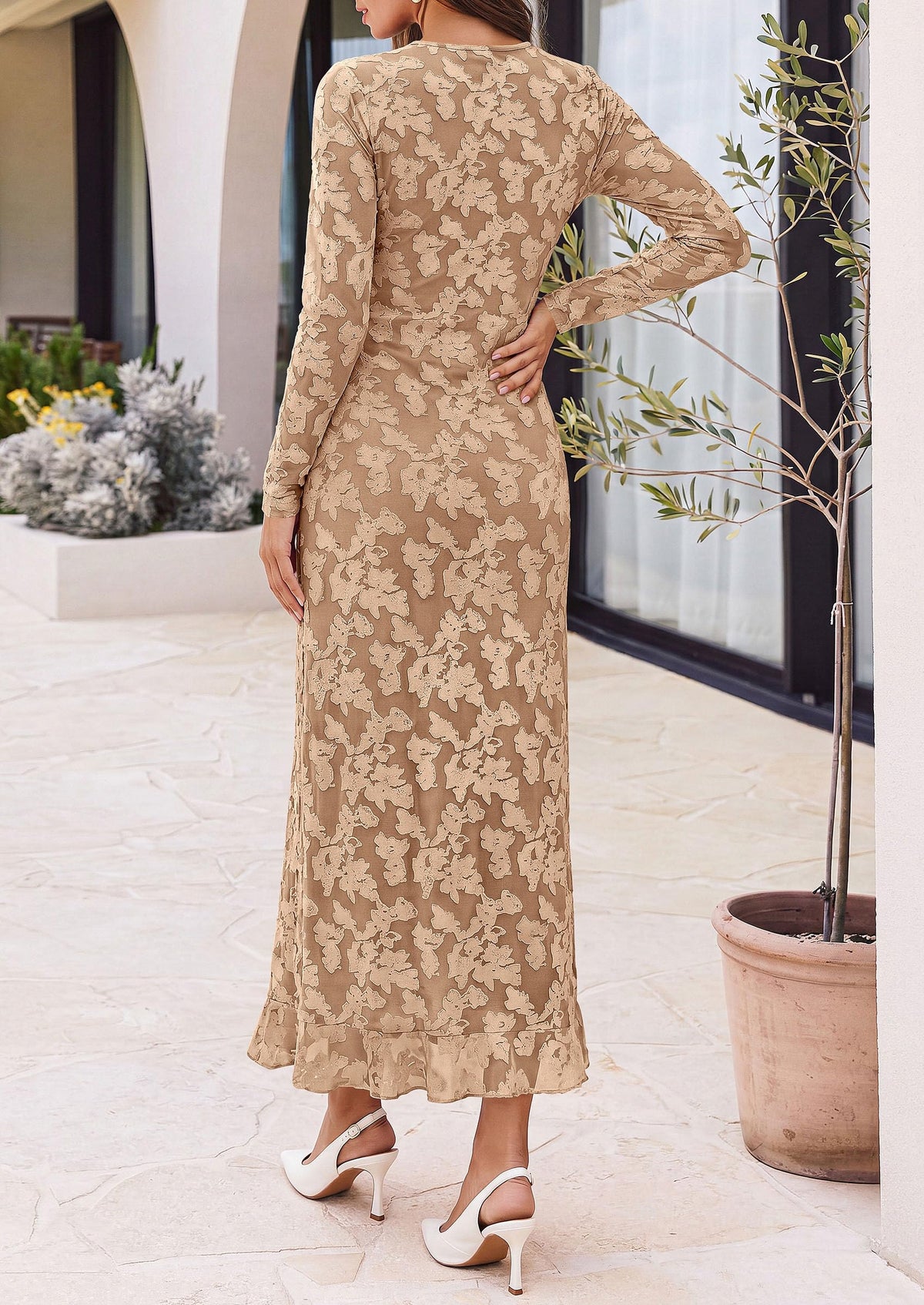 PRETTYGARDEN Women's Formal Maxi Floral Dresses with Slit  Long Sleeve Ruffle Hem, Elegant Outfit for Wedding Guest & Cocktail Party, Bodycon Crewneck Mesh Dresses, Fall Fashion 2026