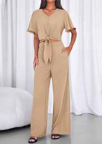 PRETTYGARDEN Women 2 Piece Summer Outfits Short Sleeve Strappy Top Wide Leg Pants Tracksuit Lounge Sets Beach Clothes PRETTYGARDEN