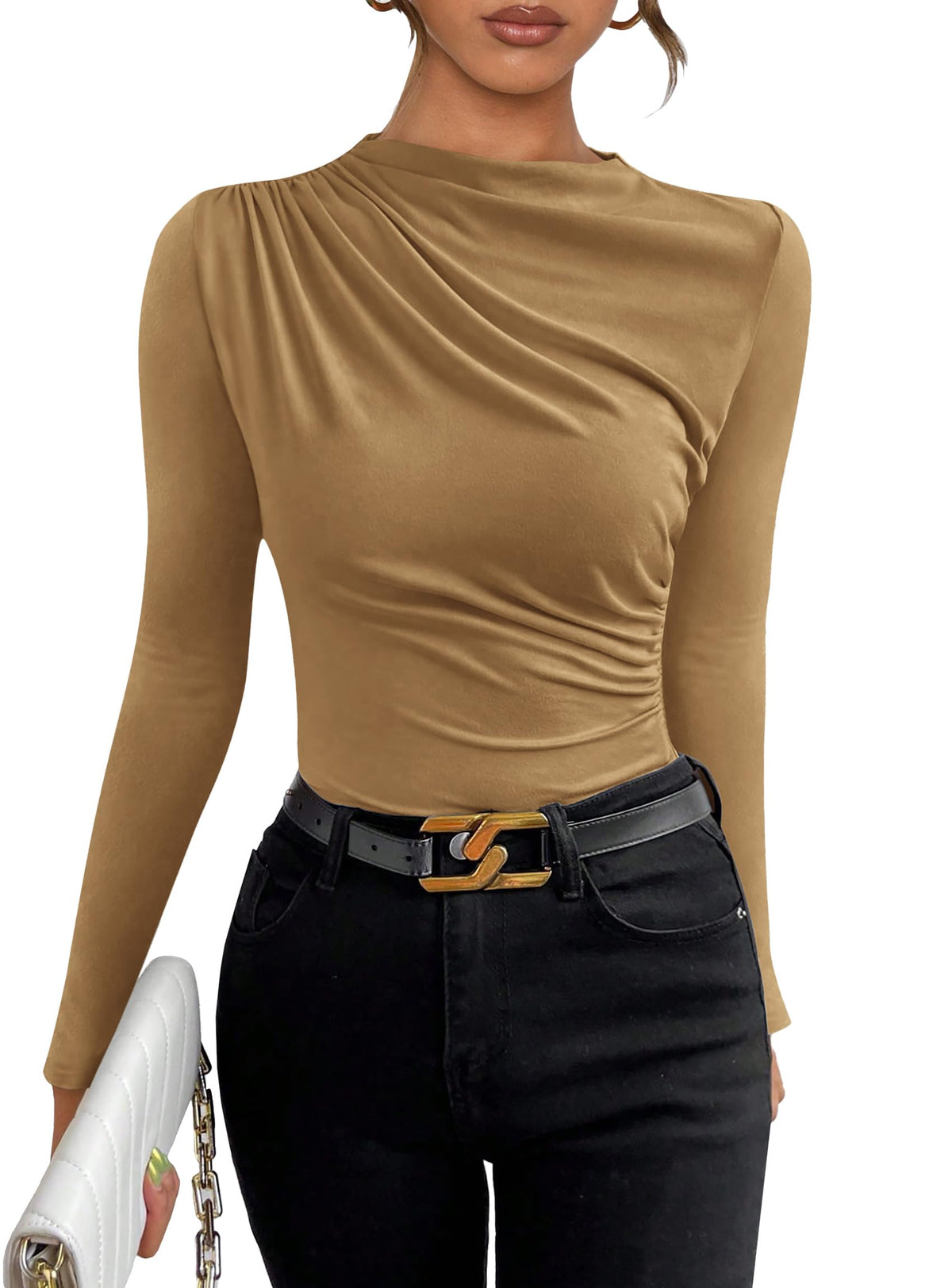 Womens Y2K Going Out Crop Tops Long Sleeve Mock Neck Ruched Slim Fitted Basic Trendy Casual Blouse