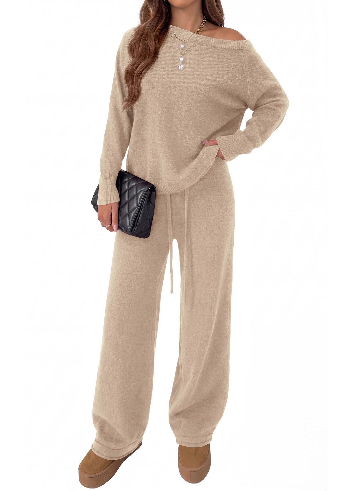 PRETTYGARDEN Lounge Sets Womens Two Piece Outfits  Cozy Boat Neck Long Sleeve , Wide Leg Pants with Drawstring, Casual Fall Fashion 2026 Airport & Travel, Knit Matching Set