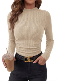 PRETTYGARDEN Womens Tops Fall Long Sleeve Going Out Shirts Ribbed Knit Mock Neck T-Shirt Fitted Ruched Y2K Crop Top