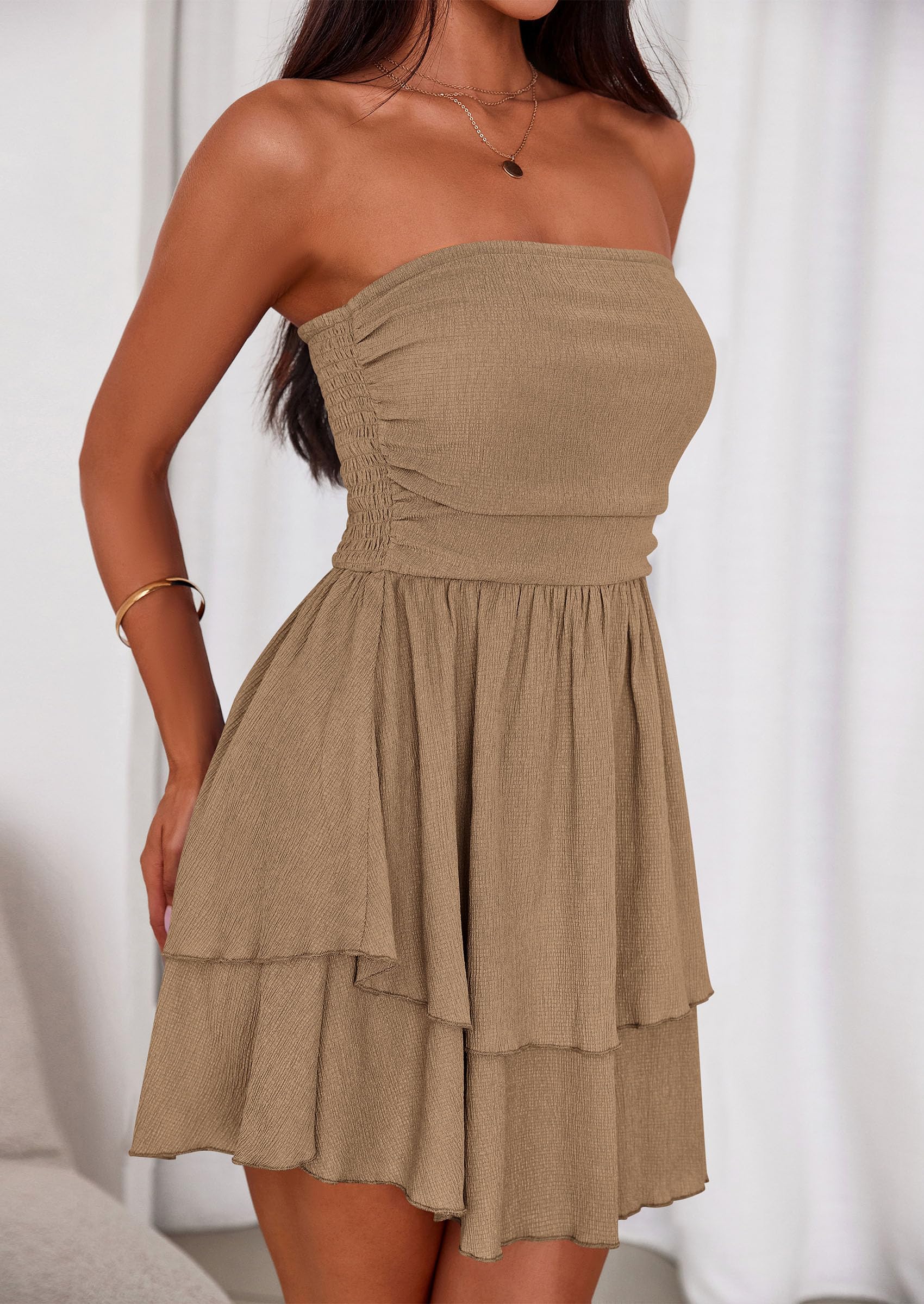 PRETTYGARDEN Women's Summer Strapless Tube Mini Dress Off Shoulder Smocked Ruffle A Line Flowy Short Party Club Dresses