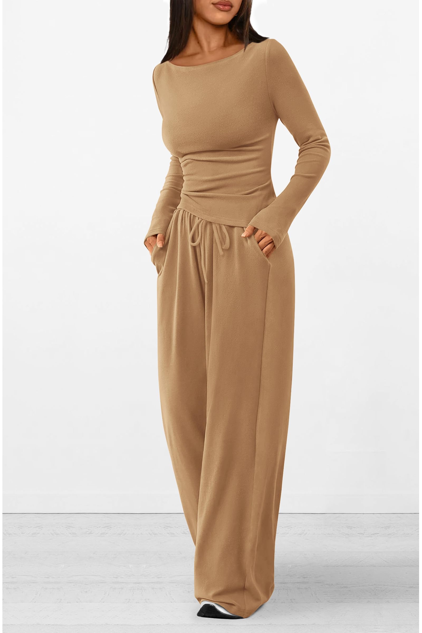 PRETTYGARDEN Women's 2 Piece Lounge Sets Asymmetrical Long Sleeve T Shirt Wide Leg Pants Casual Outfits Tracksuit