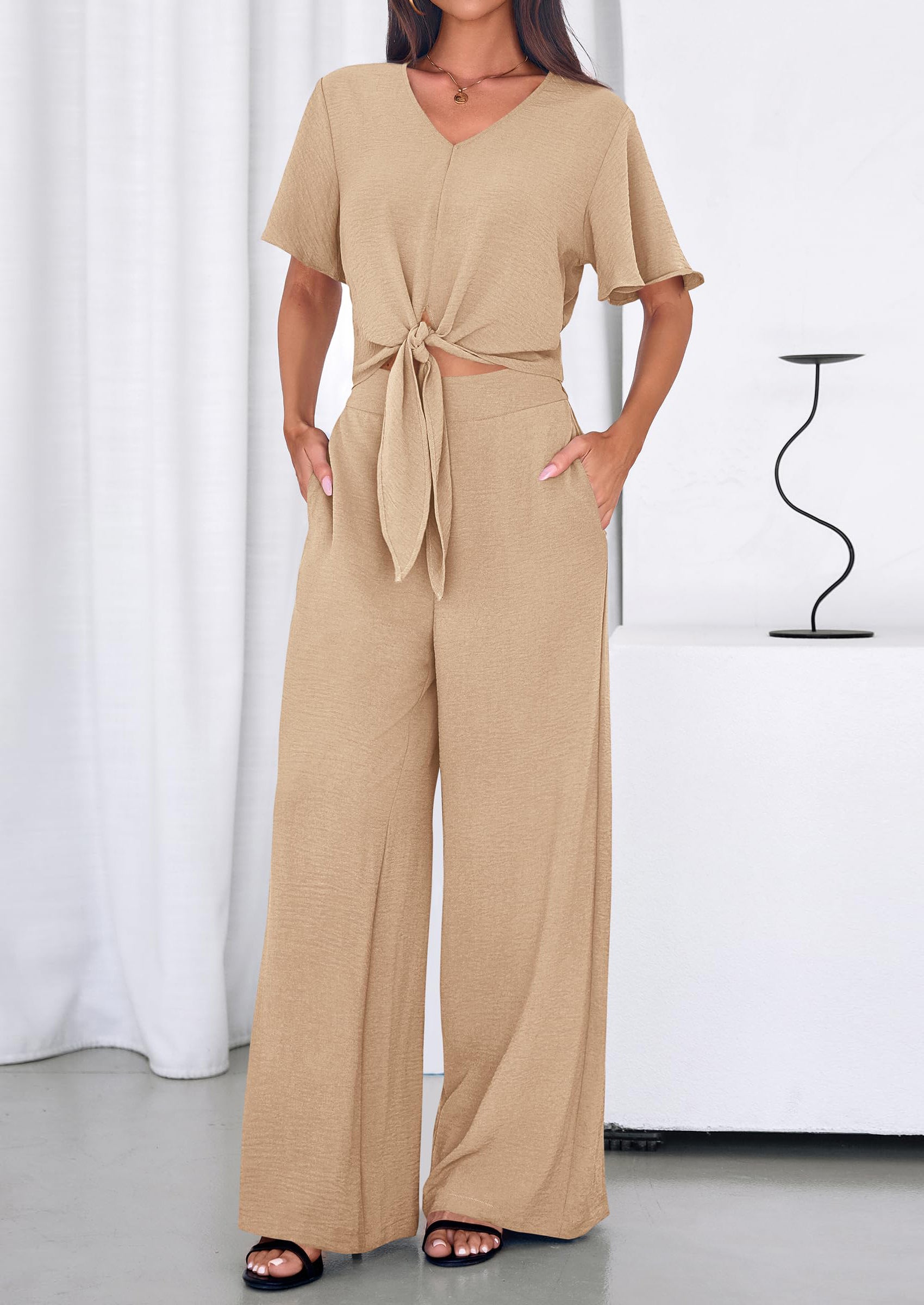 PRETTYGARDEN Women 2 Piece Summer Outfits Short Sleeve Strappy Top Wide Leg Pants Tracksuit Lounge Sets Beach Clothes PRETTYGARDEN