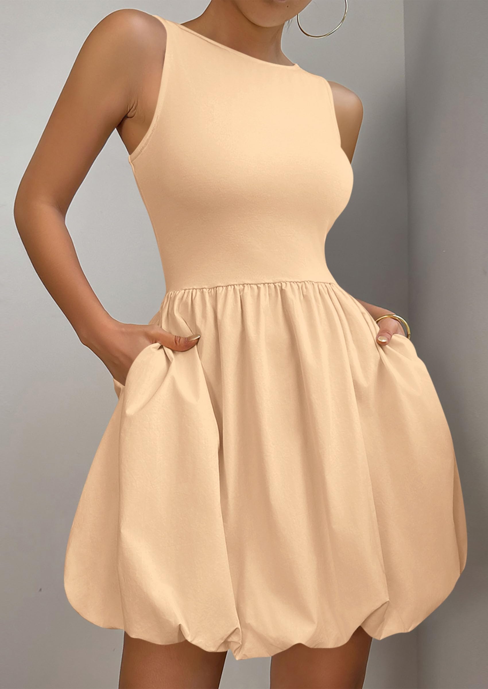 PRETTYGARDEN Summer Dresses for Women Casual Sleeveless Tank Mini Short Dress Crew Neck Bubble Sundress with Pockets