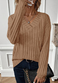 PRETTYGARDEN Fall Fashion Long Sleeve Shirts for Women Ribbed Knit V Neck Dressy Casual Lightweight Sweaters Tunic Tops