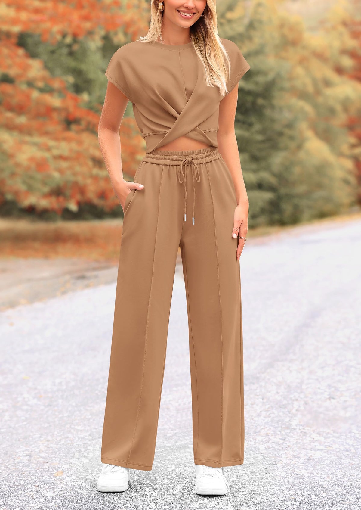 Twist Front Crop T-Shirts Wide Leg Pants Two Piece Sets