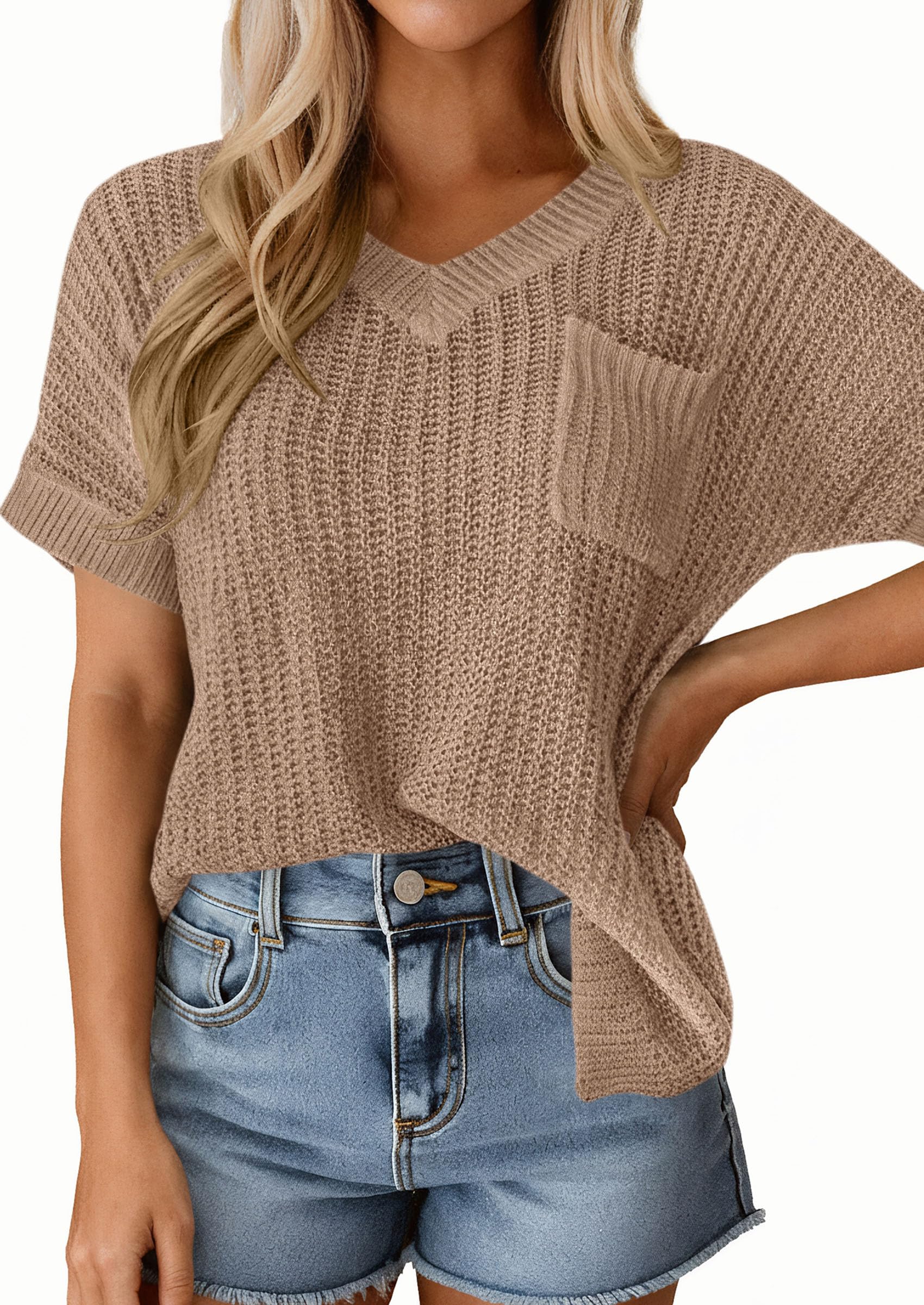 PRETTYGARDEN Women's Spring Short Sleeve Sweaters Lightweight V Neck Casual Going Out Summer T PRETTYGARDEN