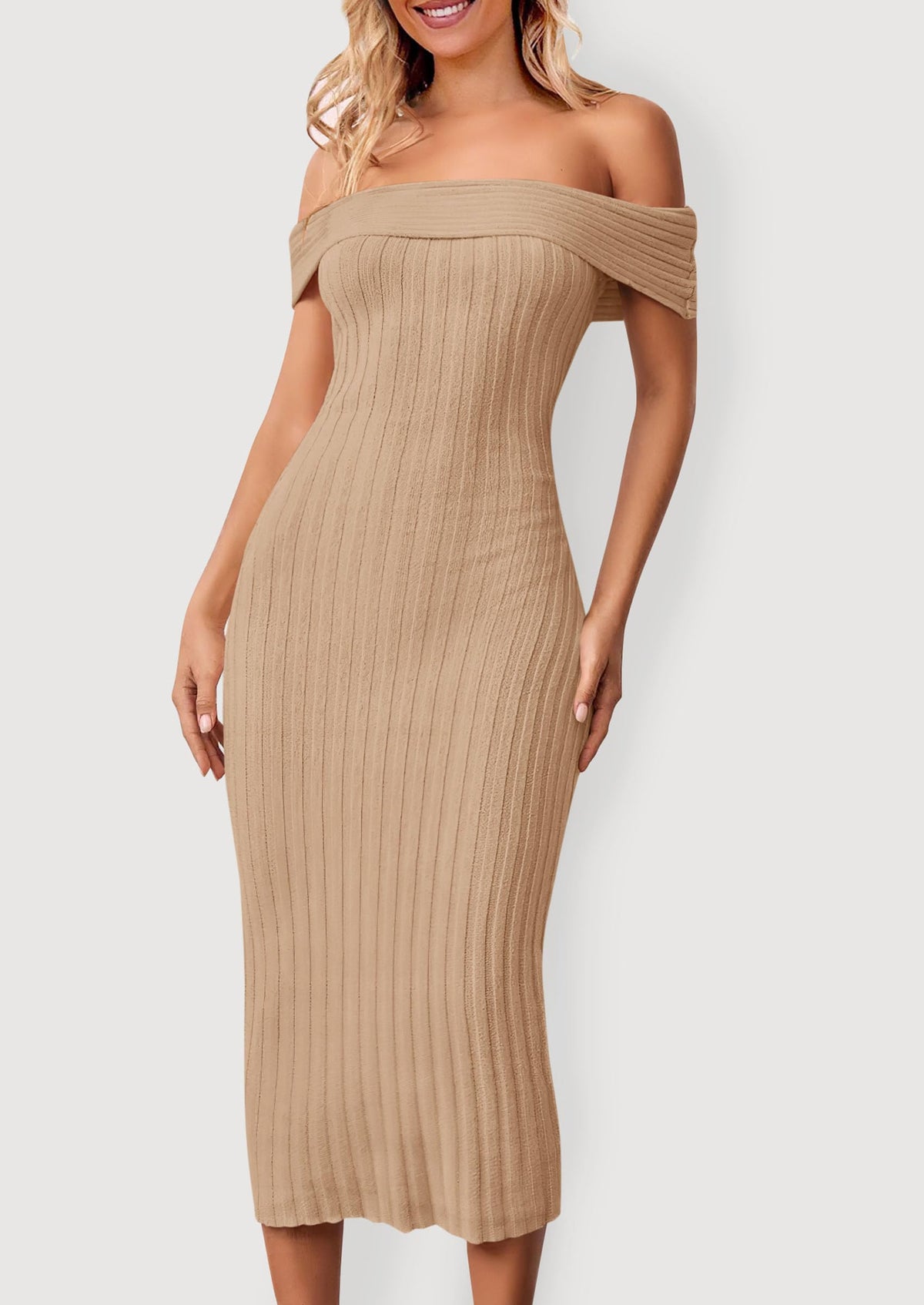 Women's Off The Shoulder Sweater Dresses 2025 Summer Elegant Ribbed Knit Midi Bodycon Wedding Guest Dress