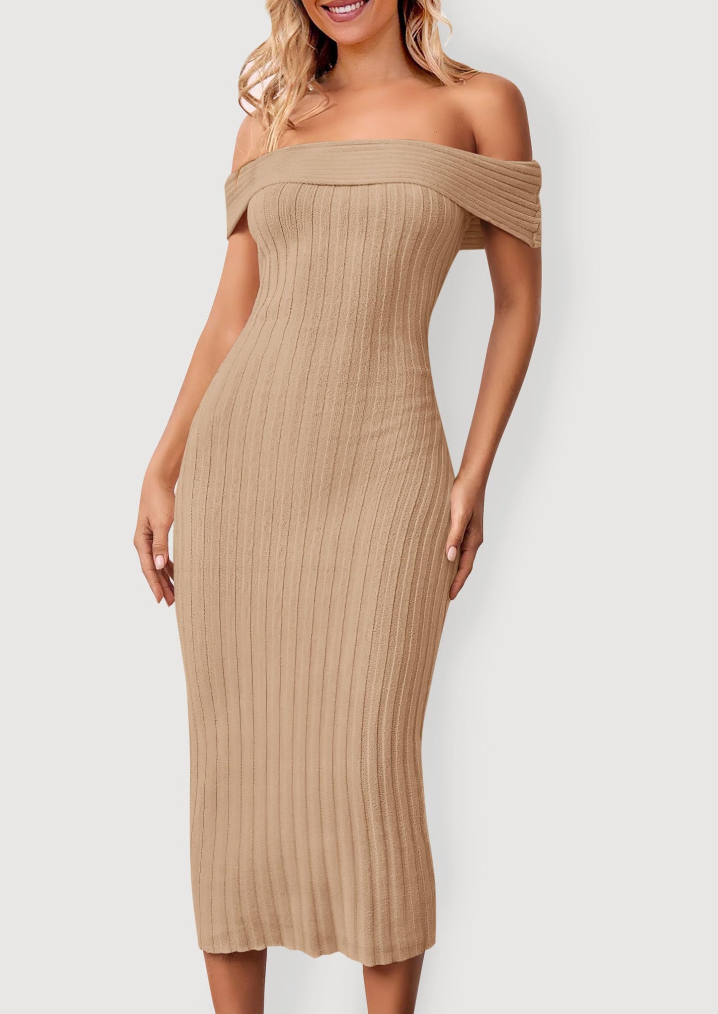 Women's Off The Shoulder Sweater Dresses 2025 Summer Elegant Ribbed Knit Midi Bodycon Wedding Guest Dress