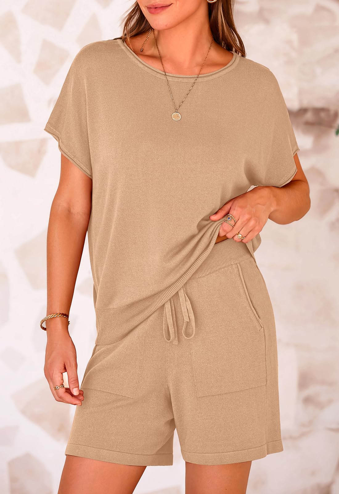 PRETTYGARDEN Two Piece Set for Women Summer Lounge Sets Shorts And Short Sleeve Tops Knitted Matching Travel Spring Outfits PRETTYGARDEN