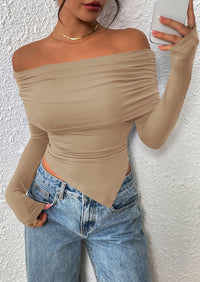 PRETTYGARDEN Women's Long Sleeve Shirts Off Shoulder Tops Going Out Slim Fitted Y2K Blouses Fall Fashion Clothes