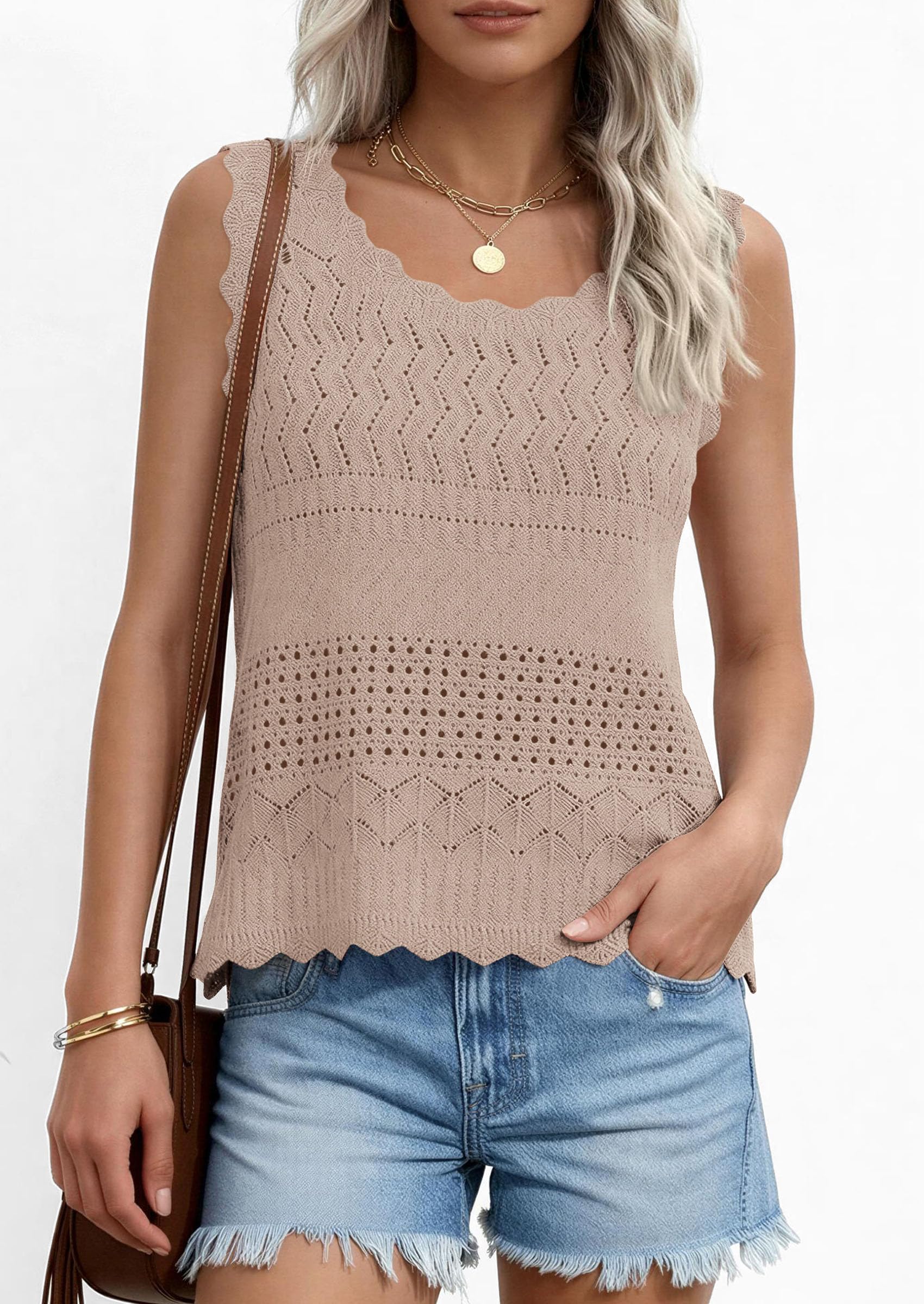 PRETTYGARDEN Womens Crochet Tank Tops Summer Spring Boho Sleeveless Cute Knit Sweater Vest Trendy Beach Vacation Clothes PRETTYGARDEN