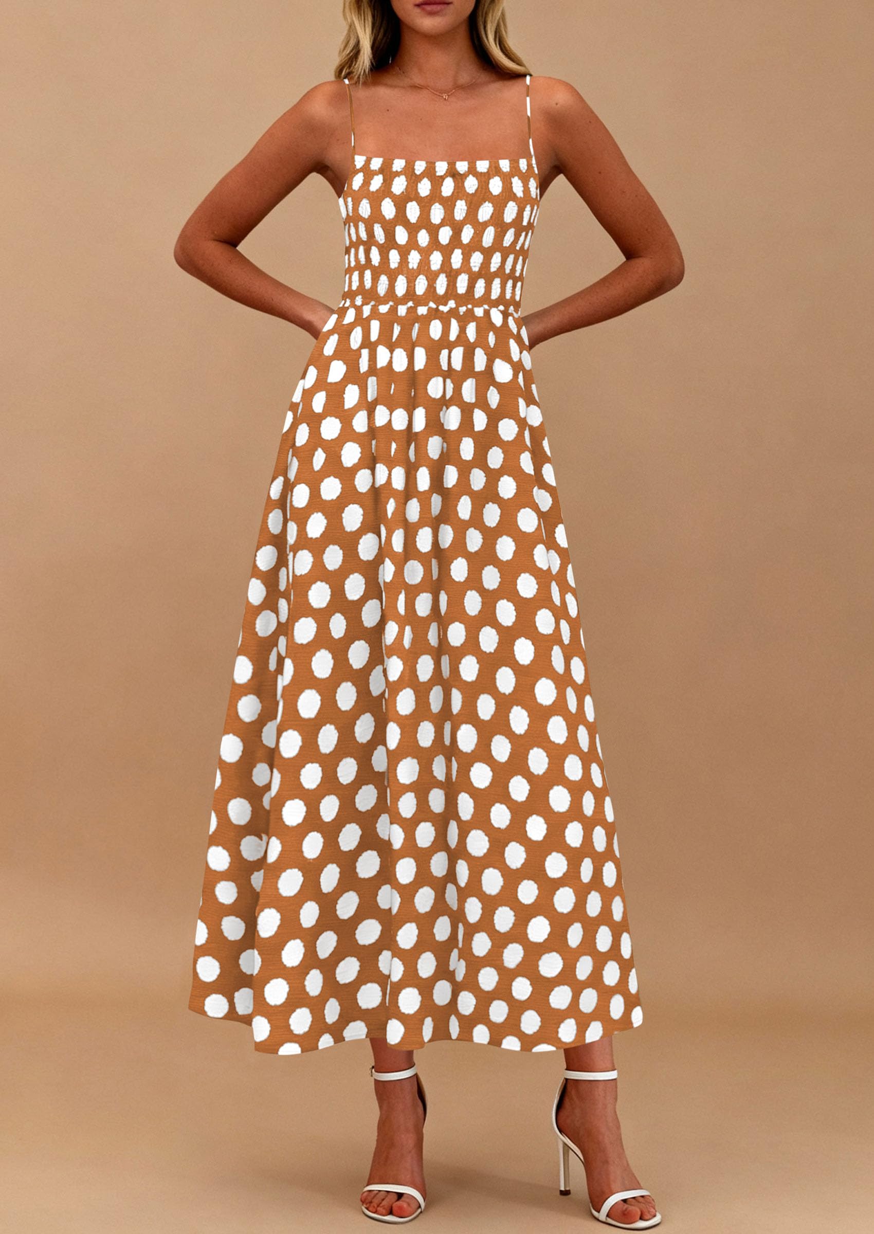 PRETTYGARDEN Womens Summer Dresses Spring Sleeveless Spaghetti Straps Casual Midi Dress Polka Dot Smocked Beach Sundress PRETTYGARDEN