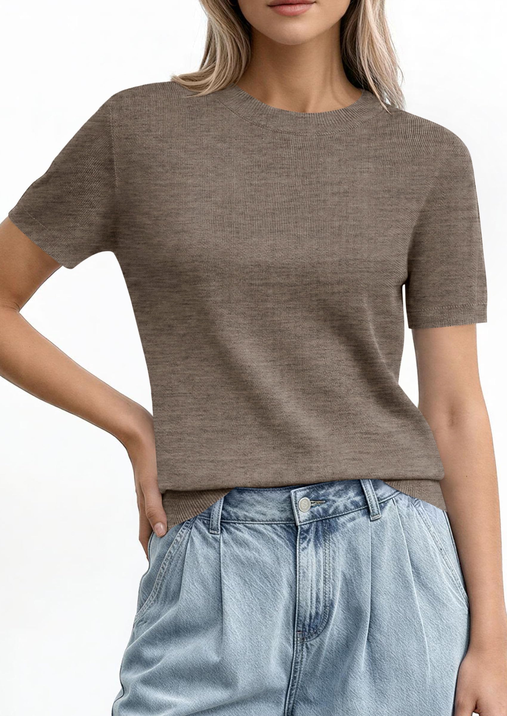 PRETTYGARDEN Women's Short Sleeve Sweaters Spring Crew Neck Knit Work Shirts Business Casual Tops Summer Fashion Clothes PRETTYGARDEN