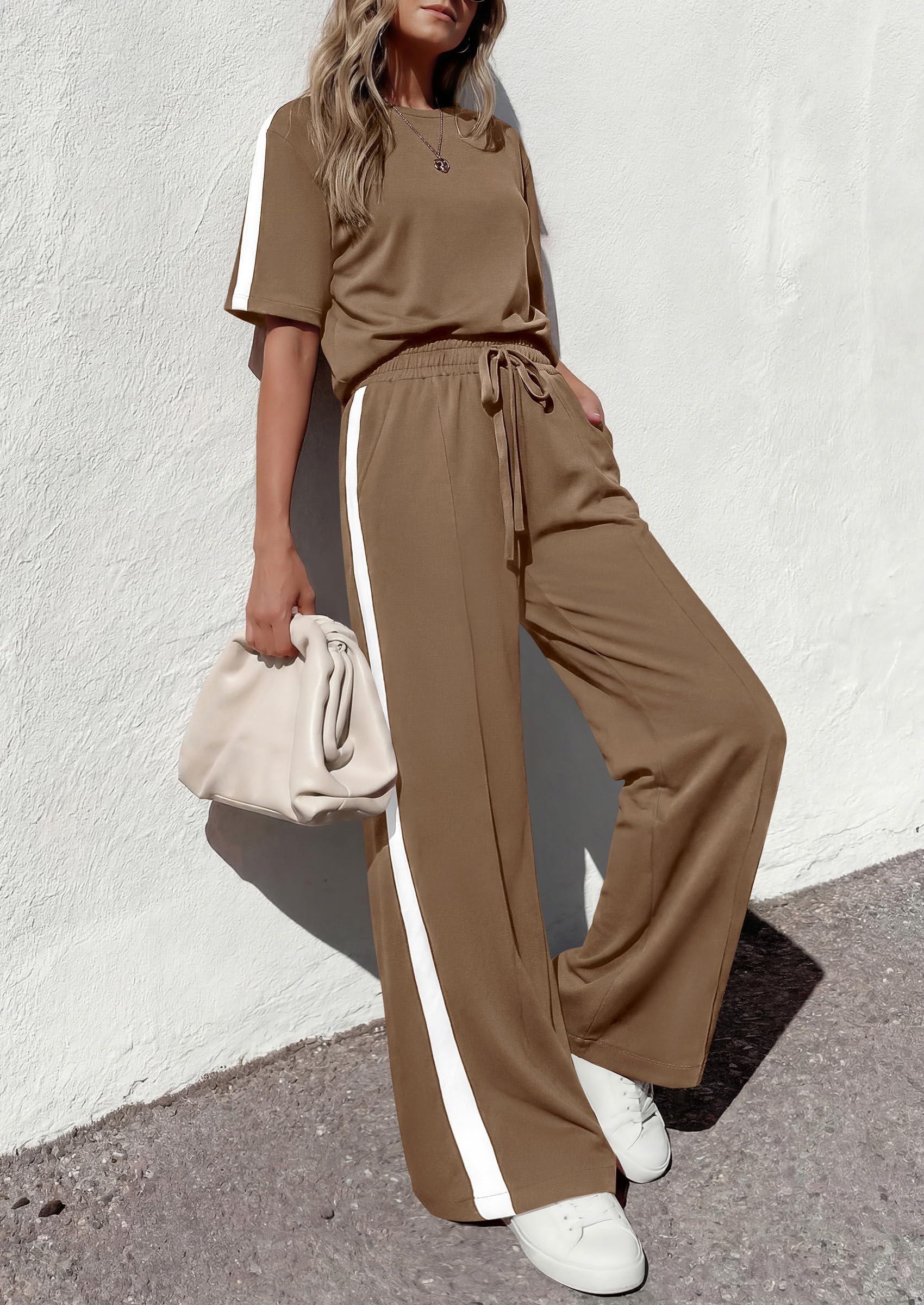 PRETTYGARDEN Women's 2 Piece Sets Summer Casual Short Sleeve Tops Wide Leg Pants Matching Lounge Set Vacation Travel Outfits PRETTYGARDEN