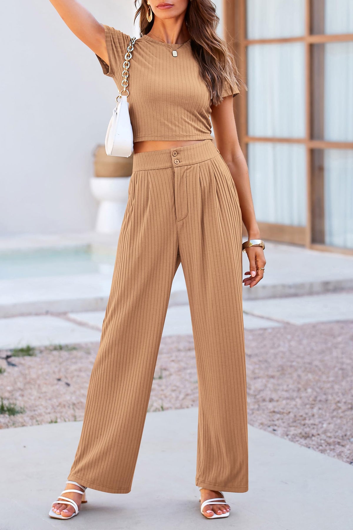 2 Piece Summer Knit Short Sleeve Crop Tops Wide Leg Pants Tracksuit