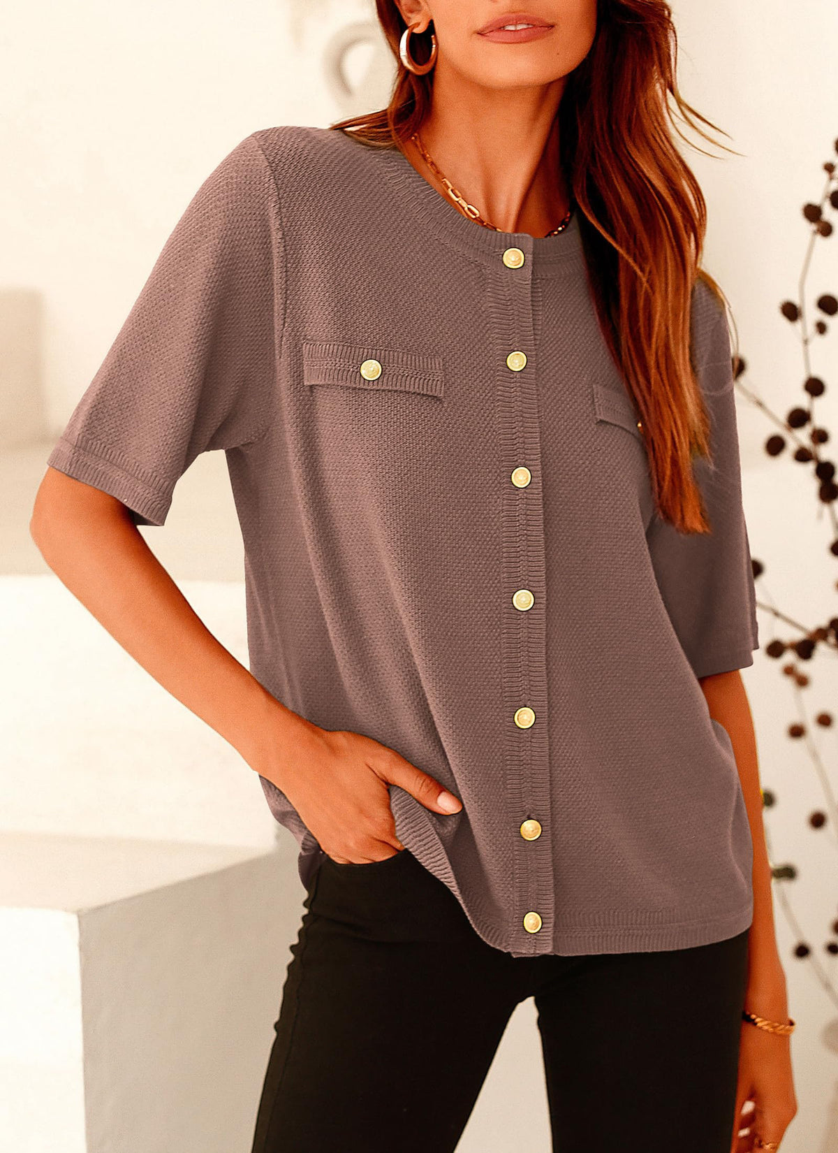 Button Down Casual Short Sleeve Crew Neck Ribbed Knit Shirts