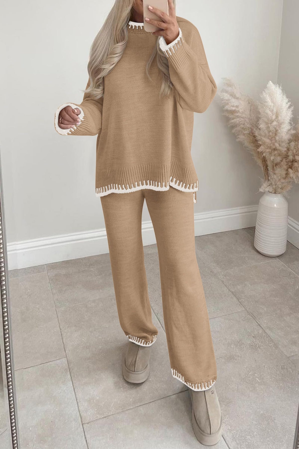 2 Piece Knitted Casual Long Sleeve Pullover Wide Leg Pant Set