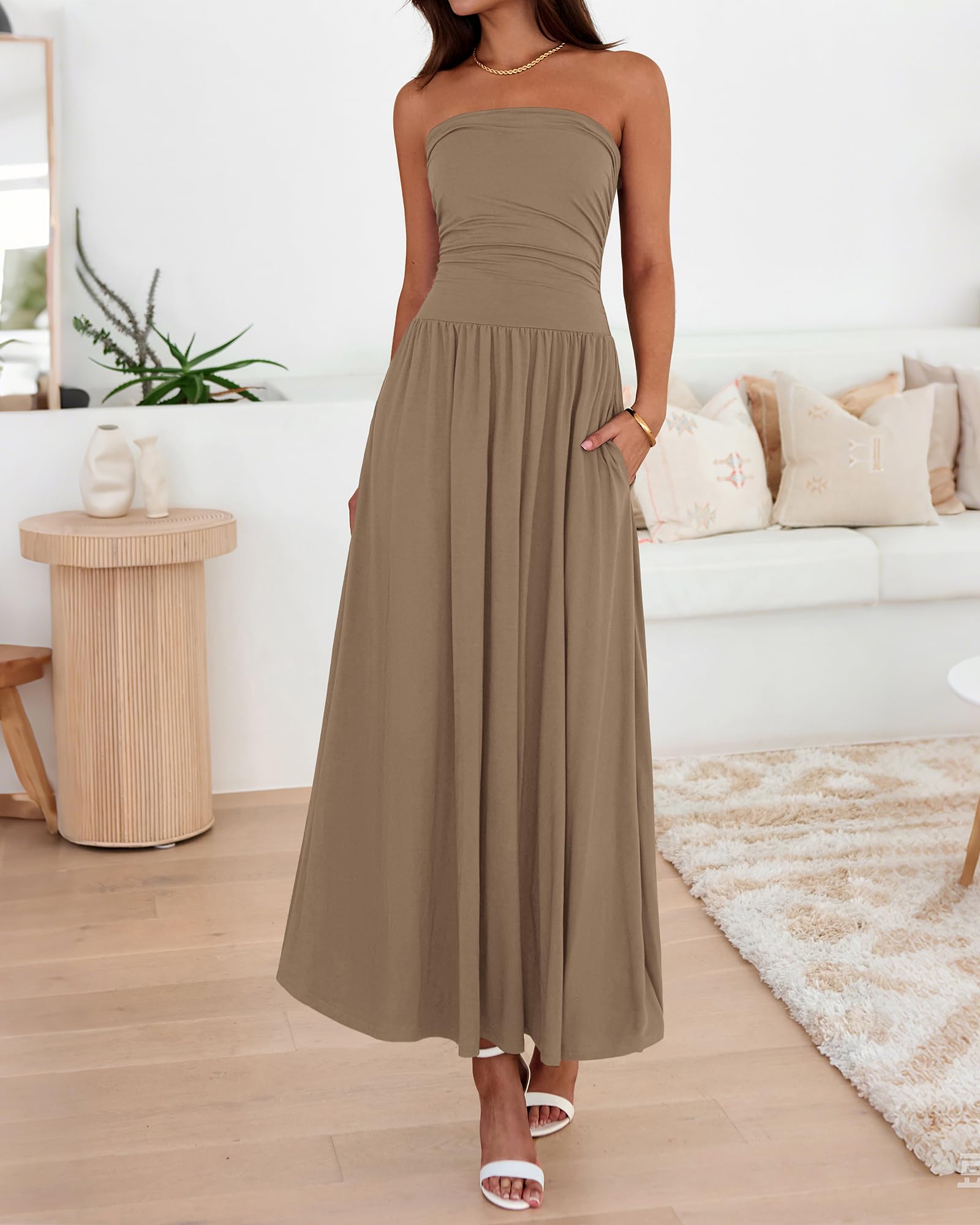 BTFBM Summer Maxi Dresses for Women Strapless Ruched Tube Top Beach Vacation Spring Wedding Guest Dress Pockets PRETTYGARDEN