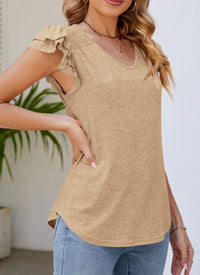 Summer Basic Casual Ruffle Short Sleeve V Neck Tops