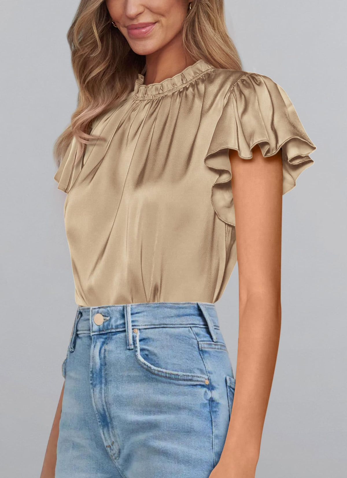 Summer Satin Blouse Shirt Dressy Casual Ruffle Short Sleeve Crewneck Work Party Tops