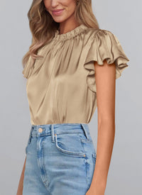 Summer Satin Blouse Shirt Dressy Casual Ruffle Short Sleeve Crewneck Work Party Tops