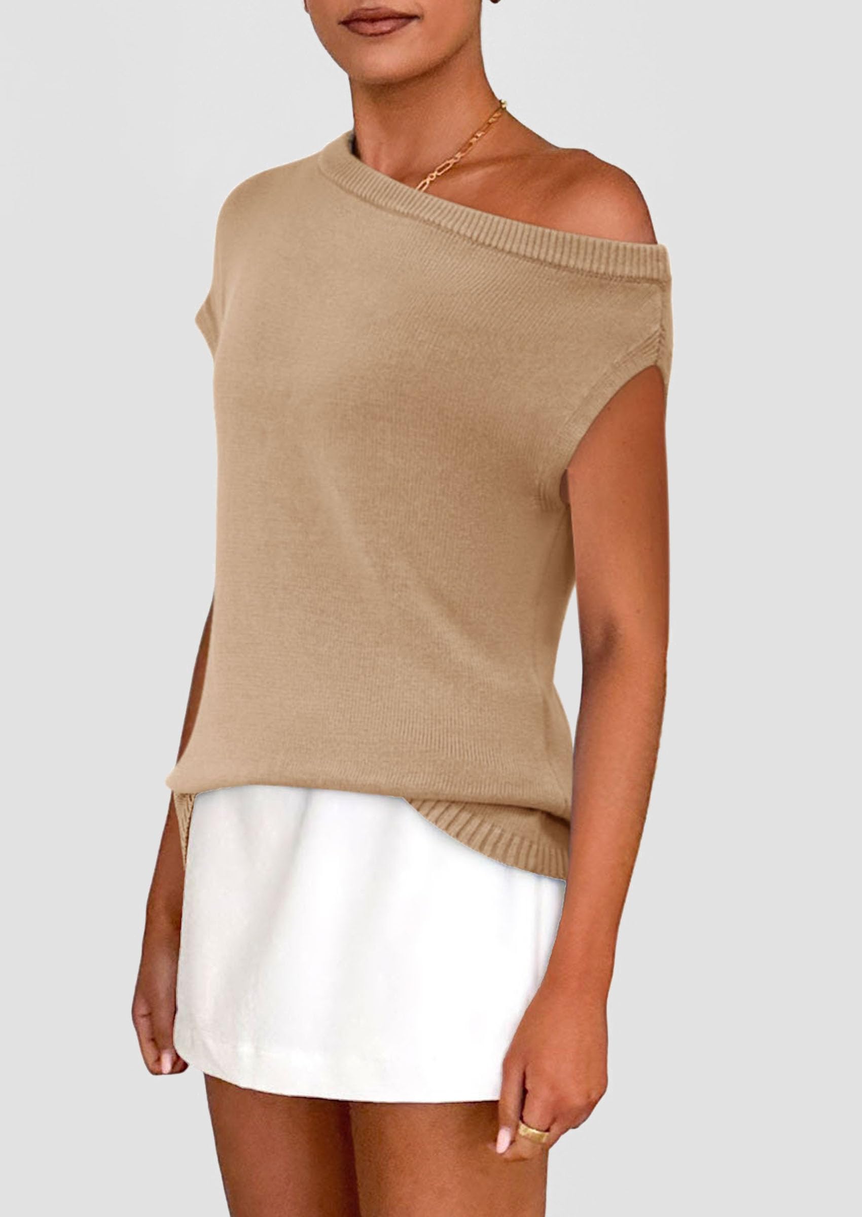 PRETTYGARDEN Womens Off The Shoulder Tops Summer Casual Short Sleeve Tunic T Shirts Lightweight Knit Sweaters