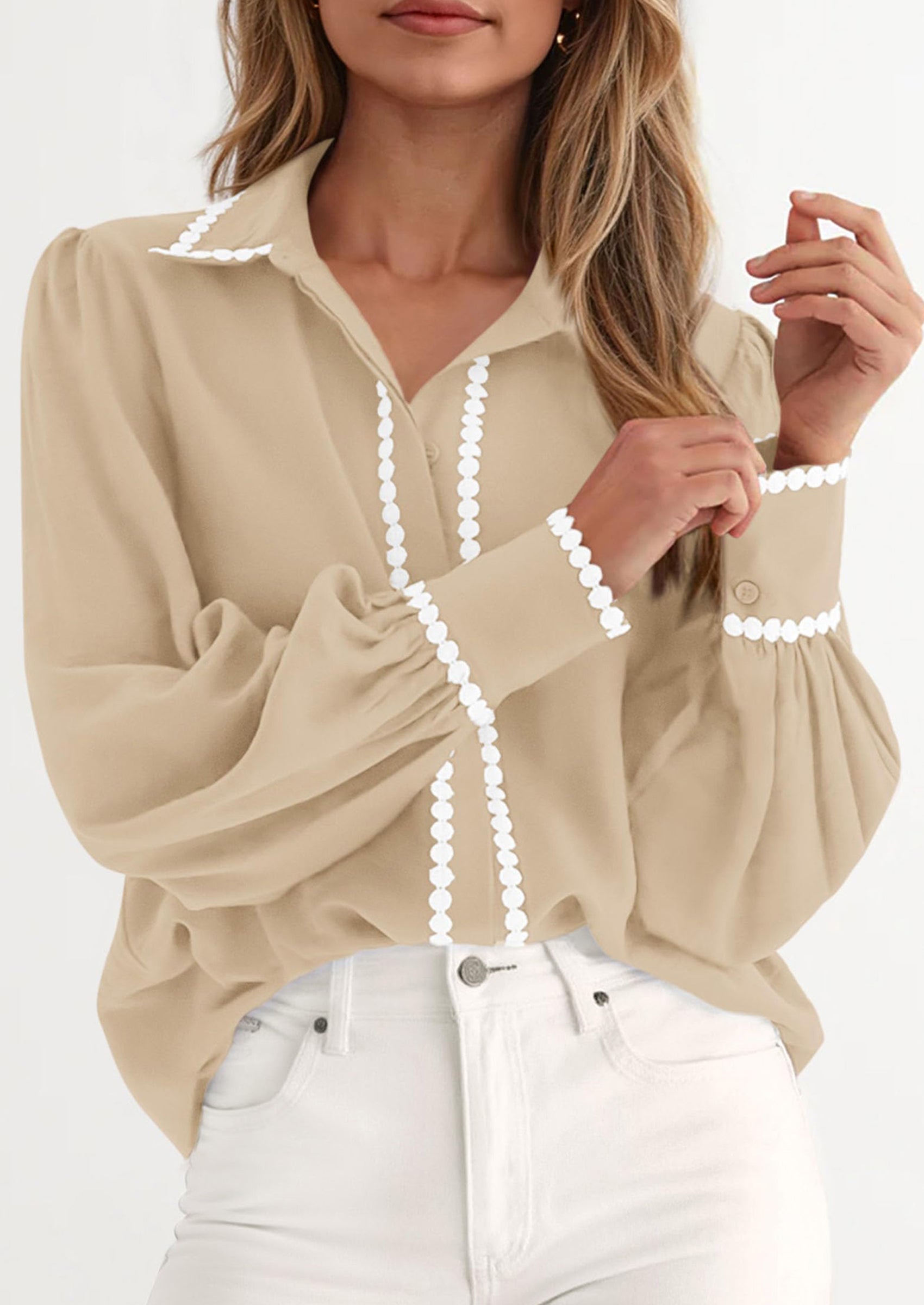 PRETTYGARDEN Womens Long Sleeve Button Down Shirts Trendy V Neck Loose Fit Fall Tops Collared Dressy Casual Blouses