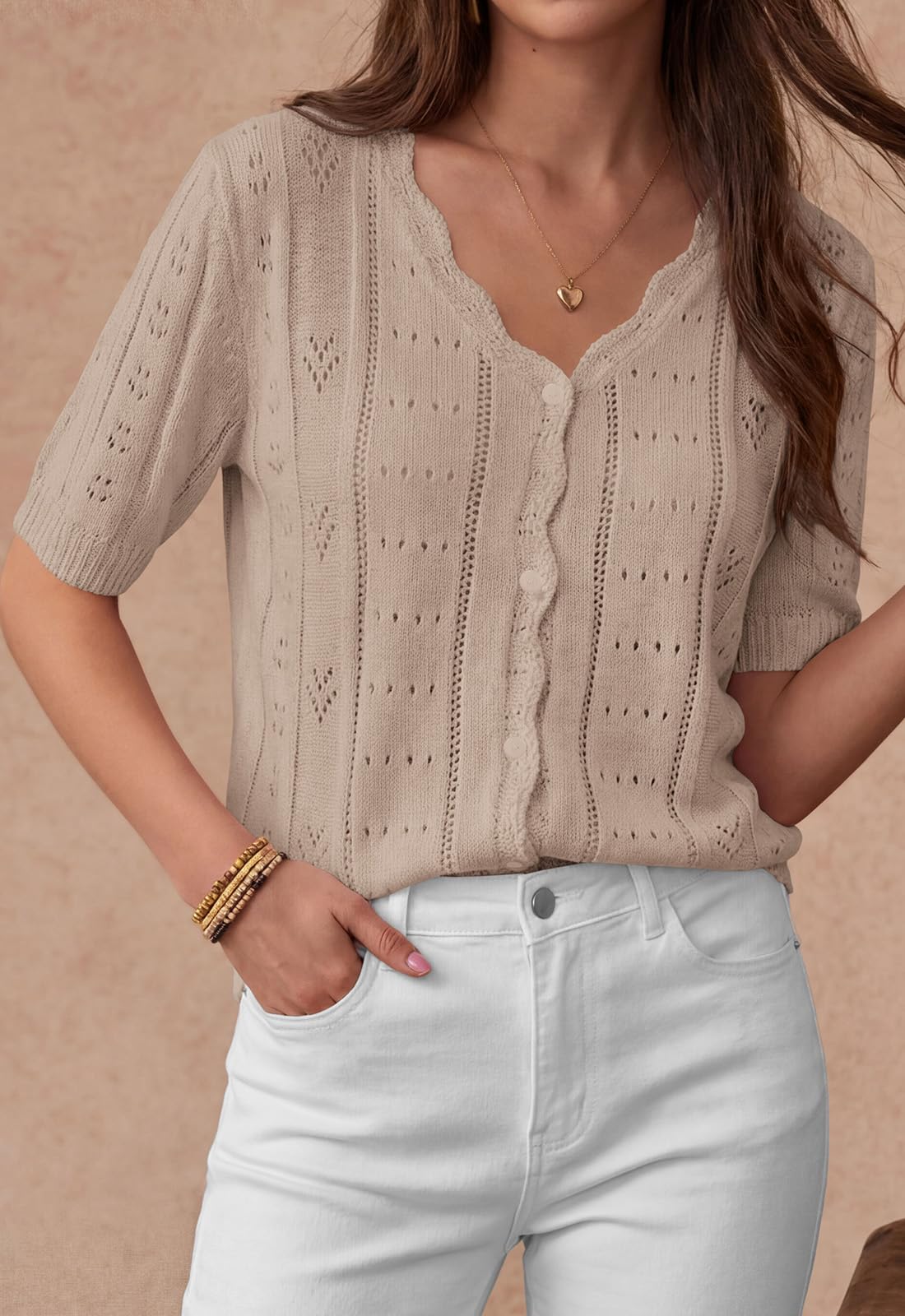 PRETTYGARDEN Womens Short Sleeve Crochet Knit Sweater Spring Fashion Button Down Lightweight Cardigans Summer Tops PRETTYGARDEN