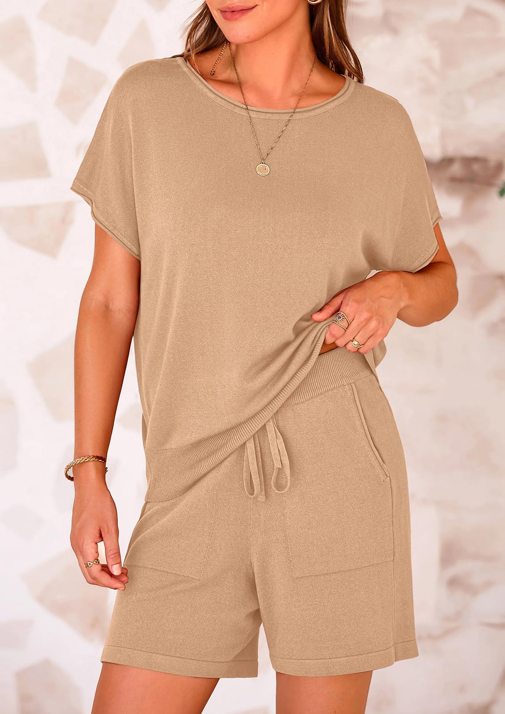 PRETTYGARDEN Two Piece Set for Women Summer Lounge Sets Shorts And Short Sleeve Tops Knitted Matching Travel Spring Outfits PRETTYGARDEN