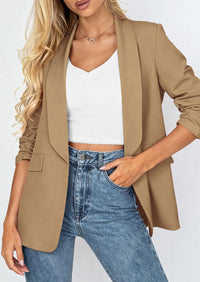 PRETTYGARDEN Women's Spring Blazers Business Casual Outfits Open Front Ruched 3/4 Sleeve Lightweight Work Suits Jackets PRETTYGARDEN