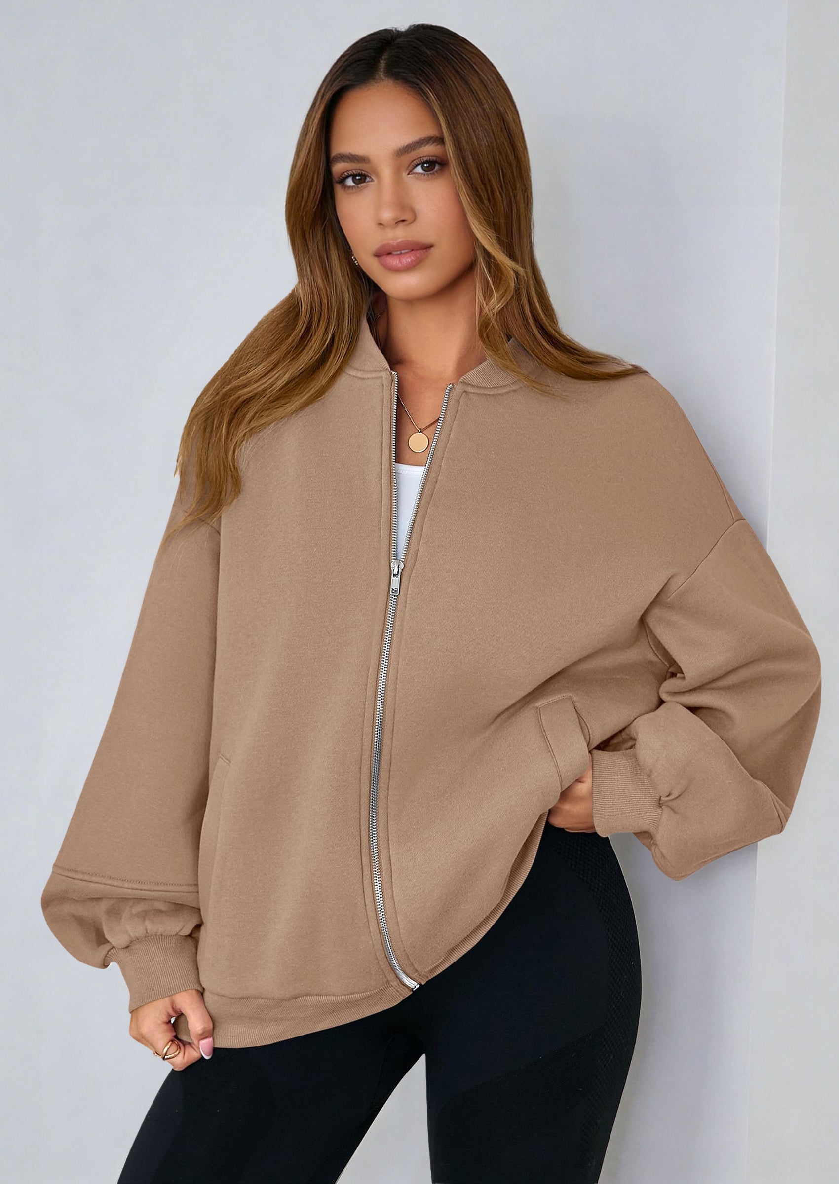 KIRUNDO Oversized Sweatshirt for Women Zip Up Bomber Jacket Fall Fashion Casual Long Sleeve Outerwear Winter Outfits