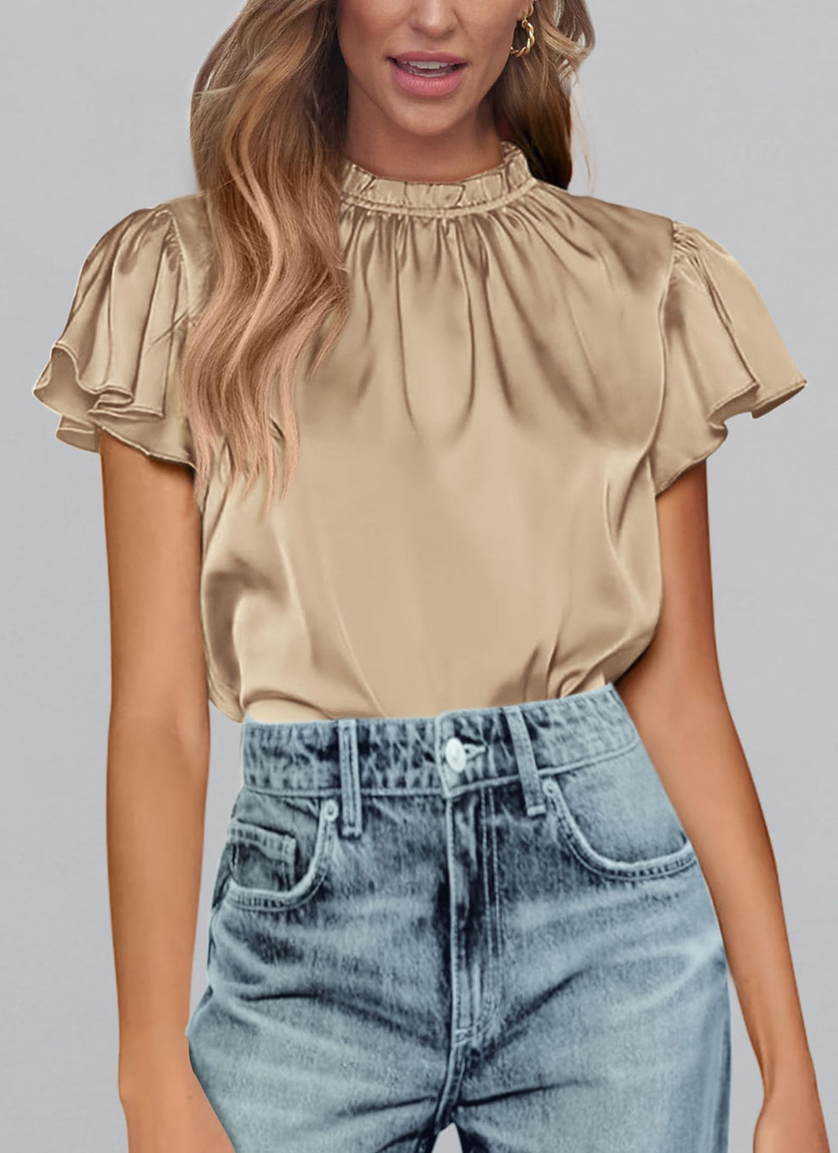 Summer Satin Blouse Shirt Dressy Casual Ruffle Short Sleeve Crewneck Work Party Tops