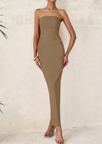 Women's Summer Semi Formal Cocktail Dresses Strapless Tube Bodycon Ruched Slit Evening Wedding Guest Maxi Dress