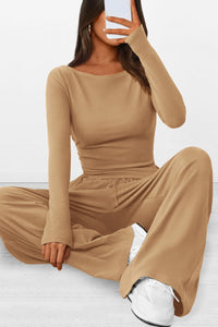 2 Piece Lounge Sets Asymmetrical Long Sleeve T Shirt Wide Leg Pants Casual Outfits Tracksuit