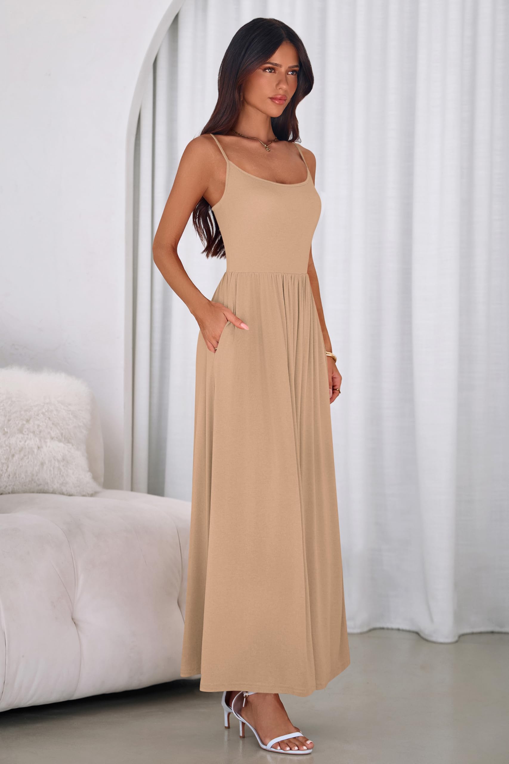 PRETTYGARDEN Womens Spaghetti Strap Maxi Dresses Sleeveless Summer Dress Long Casual Knit Flowy Beach Sundresses with Pockets PRETTYGARDEN