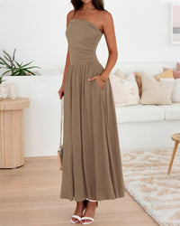 BTFBM Summer Maxi Dresses for Women Strapless Ruched Tube Top Beach Vacation Spring Wedding Guest Dress Pockets PRETTYGARDEN