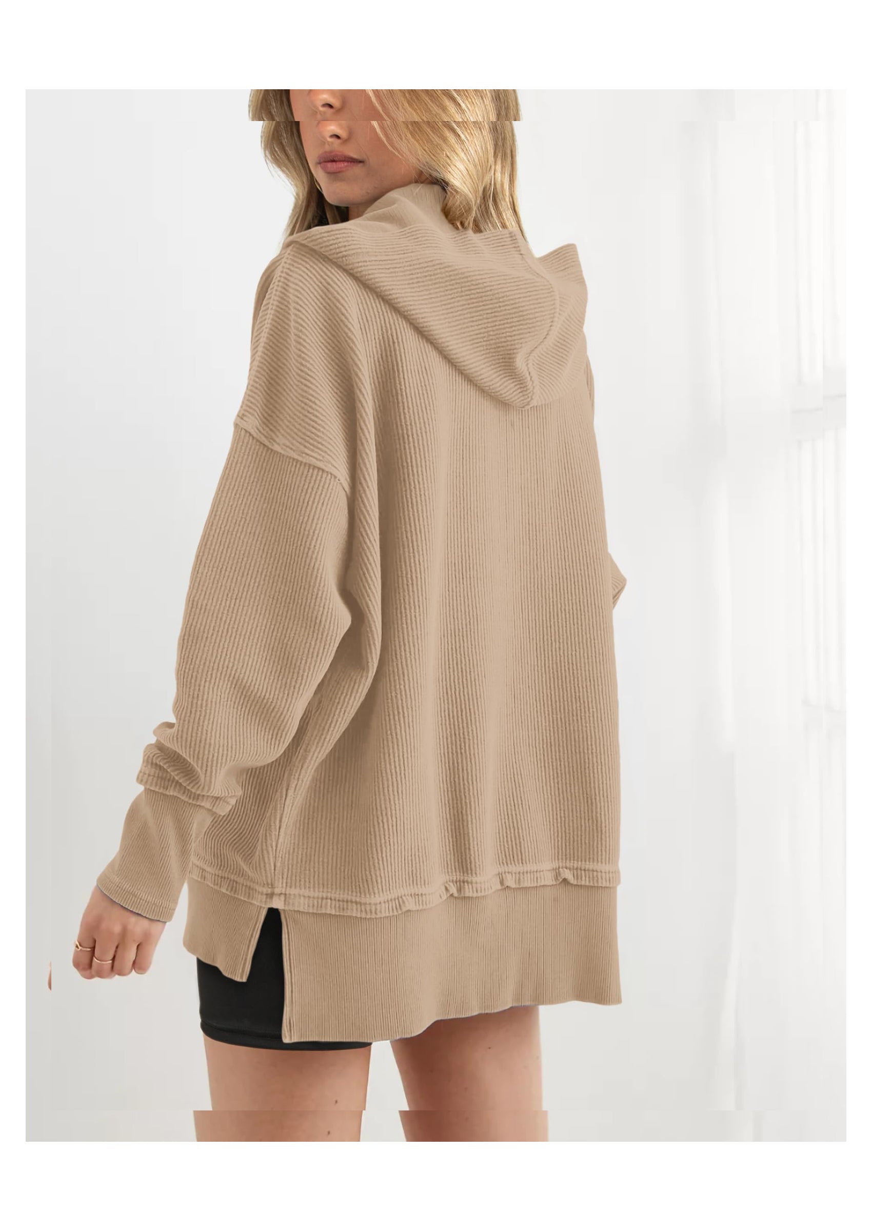 PRETTYGARDEN Womens Fashion Oversized Long Sleeve Hoodie Button Down V Neck Sweatshirt Side Slit Casual Pullover Tops